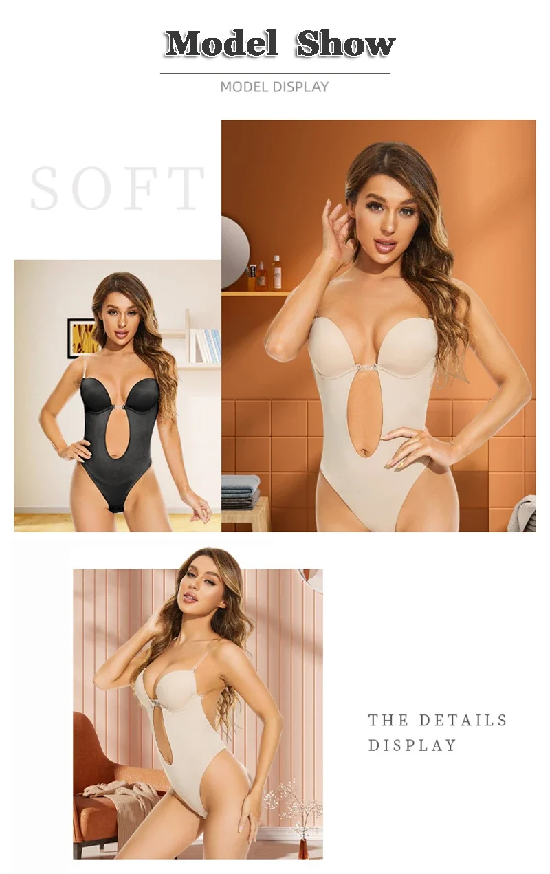 Unsichtbarer Body für Damen, Tanga, Former, Körperformung, sexy, tiefer V-Ausschnitt, rückenfrei, Korsett, Plunge, gepolstert, Push-Up, schlankmachende Unterwäsche – Detail 13