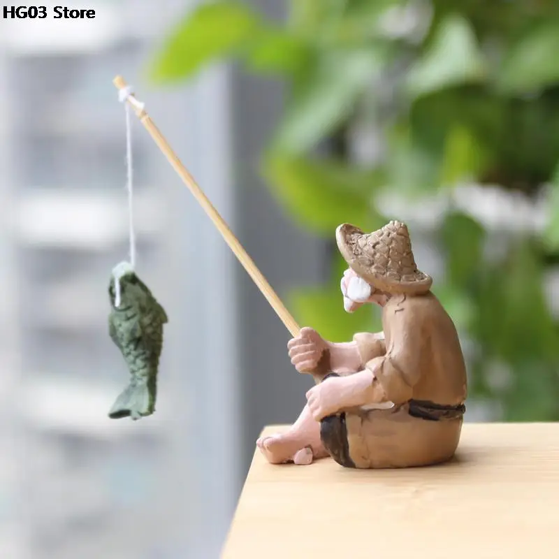 1PC Fishing Old Man Resin Figure Statue Sitting Garden Ornament Outdoor Garden Pool Micro-Landscape Bonsai Crafts ornament crafts resin ornaments resin crafts miniature figurines