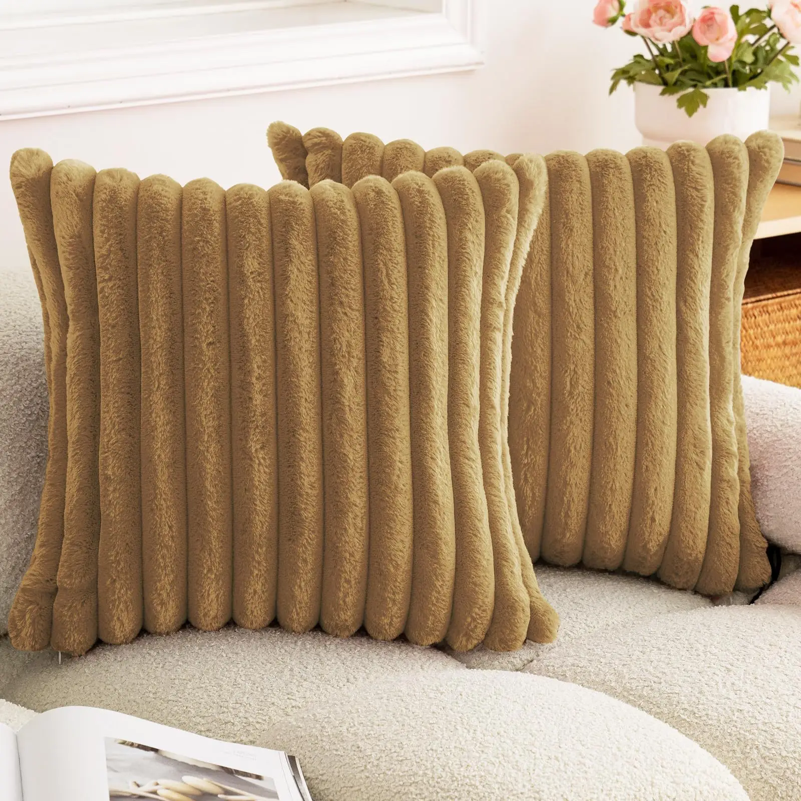 Luxurious Faux Rabbit Fur Striped Cushion Cover – Super Soft Solid Color (24×24 inch)