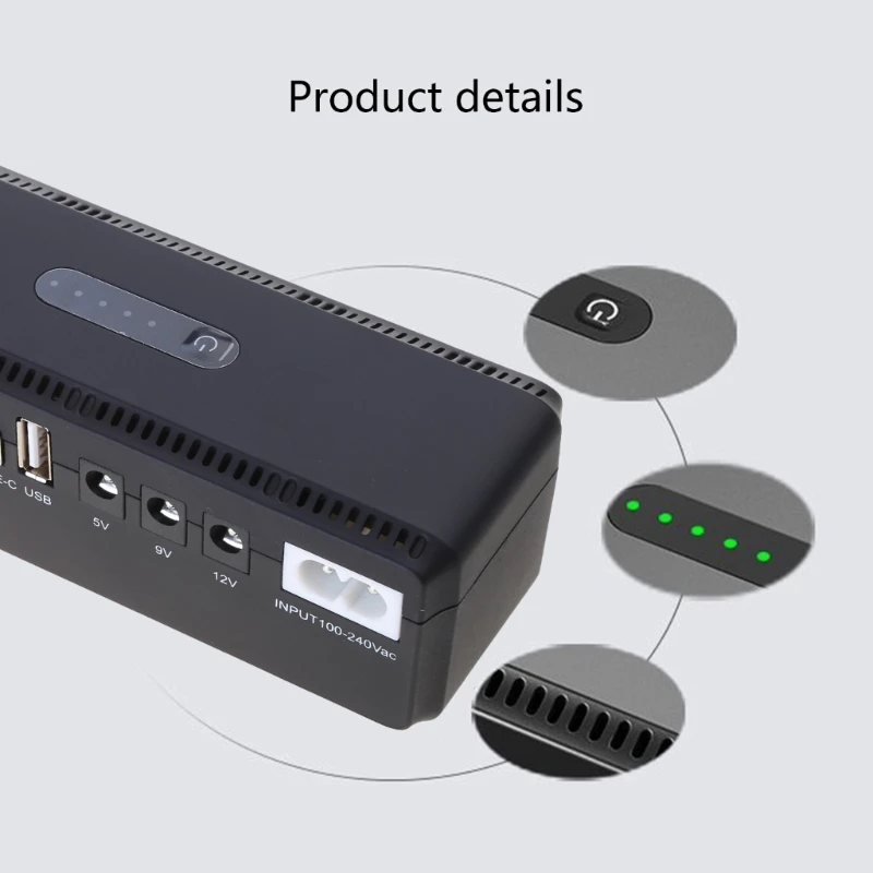 스탠바이 UPS 시스템, DC5V 9V 12V, 8 콘센트, USB C타입 충전 포트, 컴팩트 블랙 무정전 전원 공급 장치