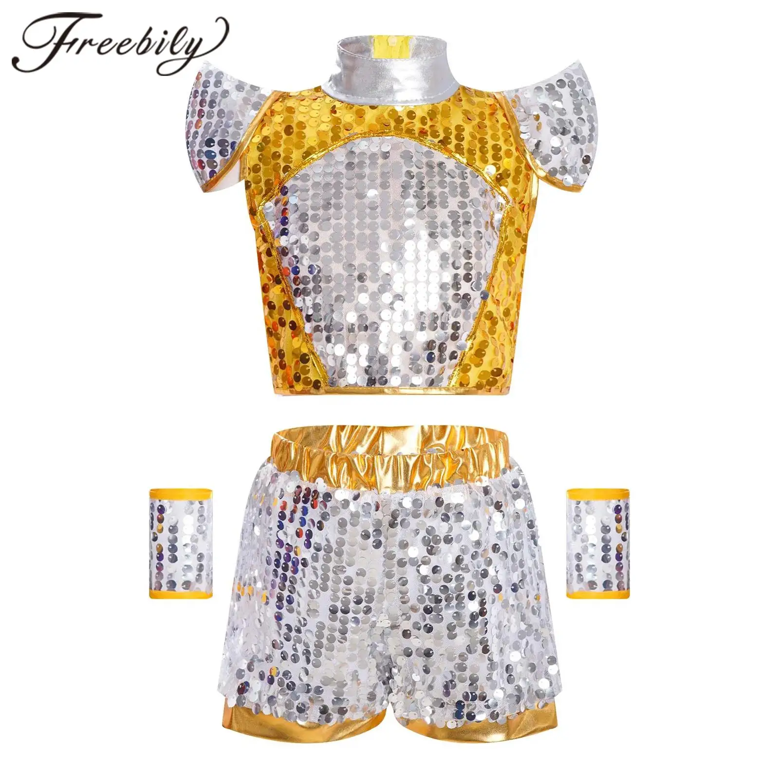 Kids Boys Shiny Sequins Jazz Dance Outfit Cheerleading Cheerleader Costumes Crop Top with Shorts Cuffs Stage Performance Costume