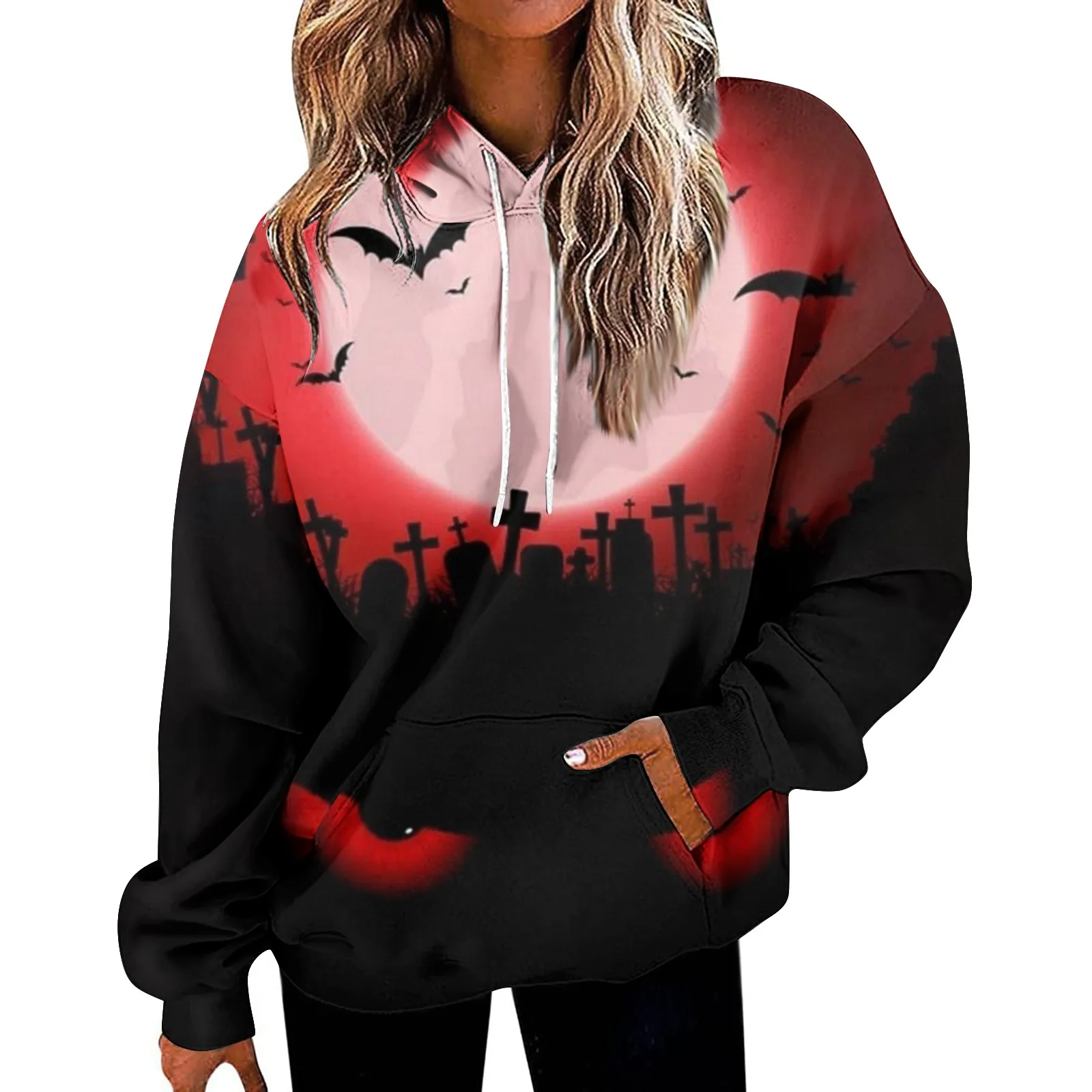 

Женский модный Свободный Повседневный Топ с длинным рукавом и принтом на Хэллоуин, простые, модные и большие новые женские свитера