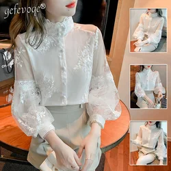 Elegant Sweet Lace Patchwork Solid Chiffon Shirts Spring Summer 2024 Stand Collar Long Lantern Sleeve Cardigan Women's Clothing