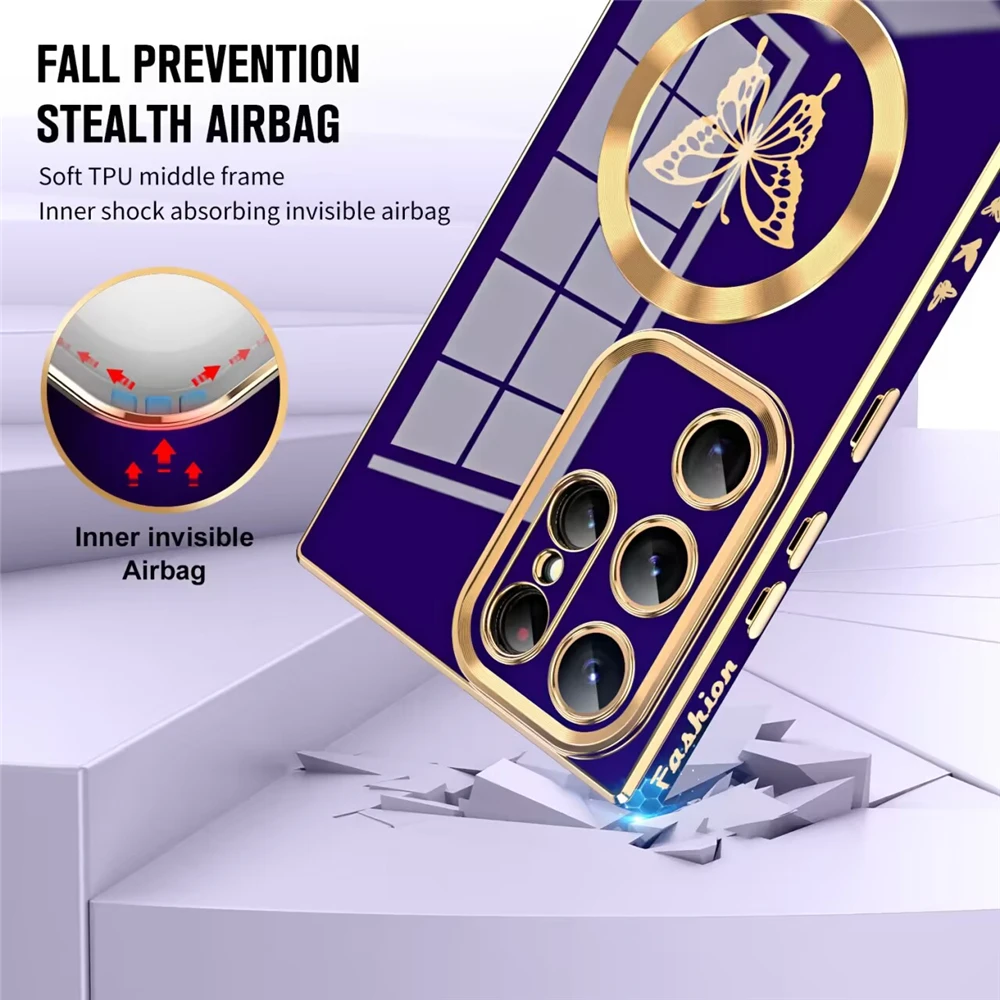 Luxusné galvanické magnetické motýľové puzdro pre Samsung S23 Ultra S22 S21 Plus pre bezdrôtové nabíjanie Magsafe Mäkký silikónový kryt_voghion.com