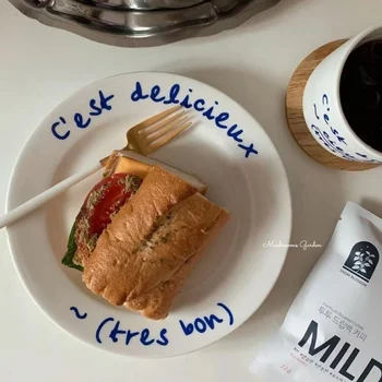 한국 INS 디자인 감각 식사 접시, 프랑스 필기 파란색 글꼴, 서양 세라믹 식기, 디저트 식사 접시