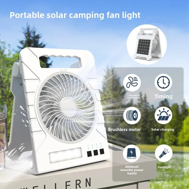 Powered Camping Solar Fan – Portable Rechargeable Handheld Fan with LED Light, Power Bank for Outdoor, Fishing, and Wild Camping