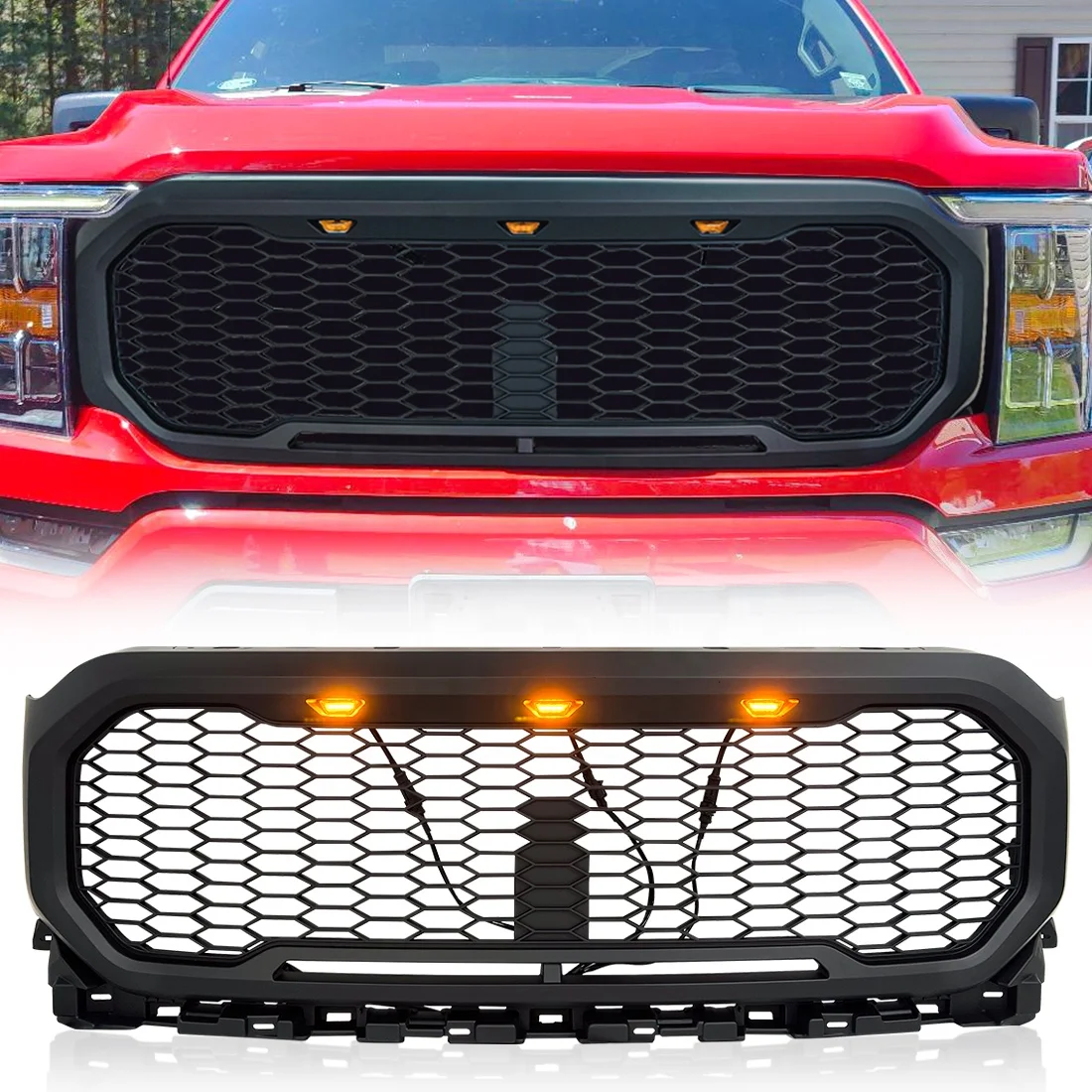 

Car Grille Front Bumper Mesh Grill with Amber Lights For 2021 2022 Ford F150 Matte Black ABS