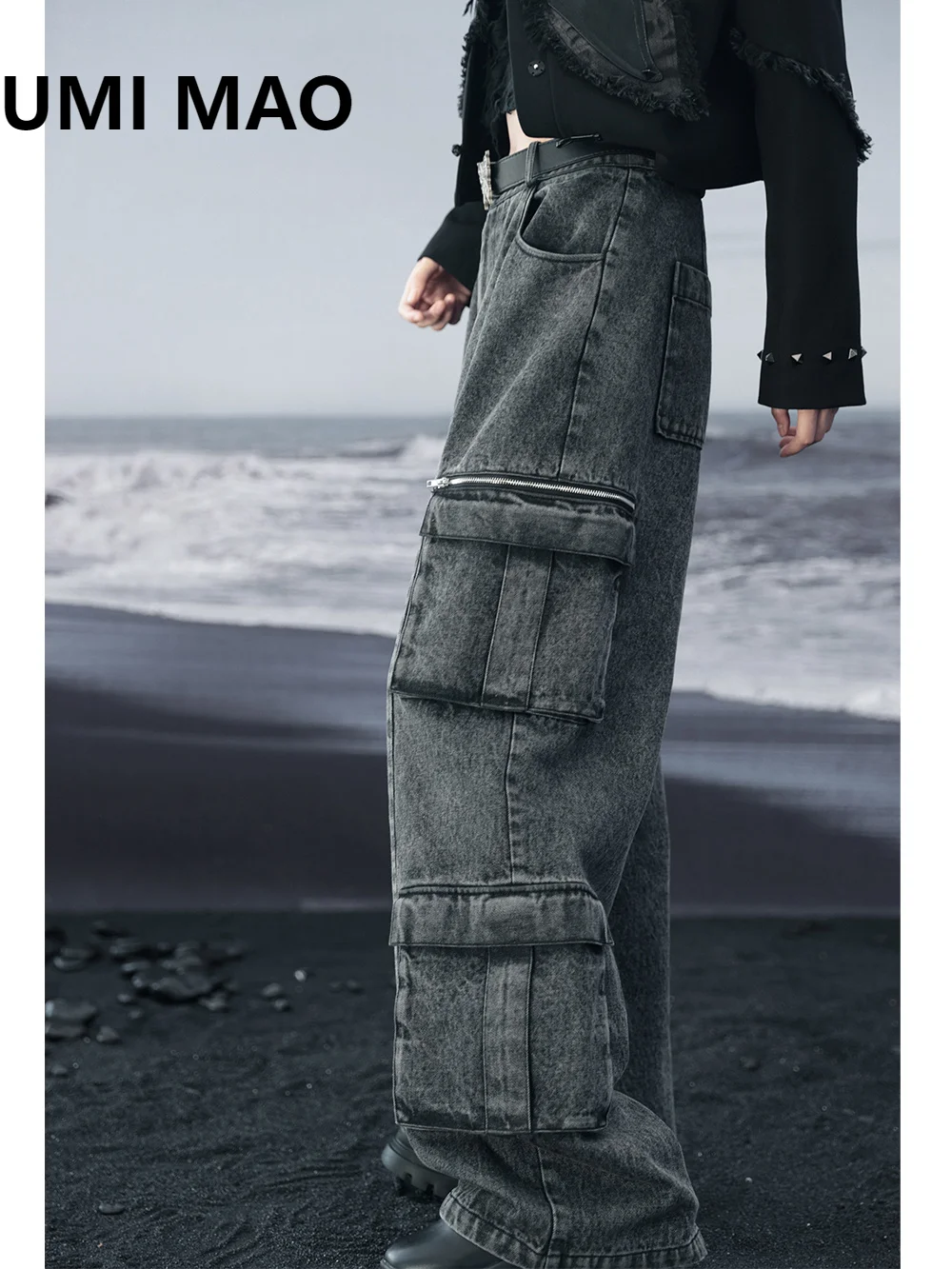

UMI MAO Dark Loose Fitting Workwear Jeans Women's Autumn New Vintage Black Asymmetric Wide Leg Pants