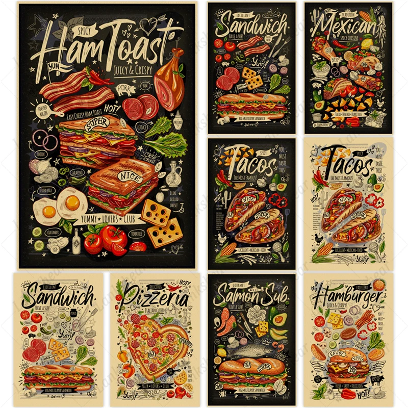 

Christmas Fast Food Canvas Painting Pizza Sandwich Modular Posters and Prints Hamburger Pancake Fruit Cafe Restaurant Home Decor
