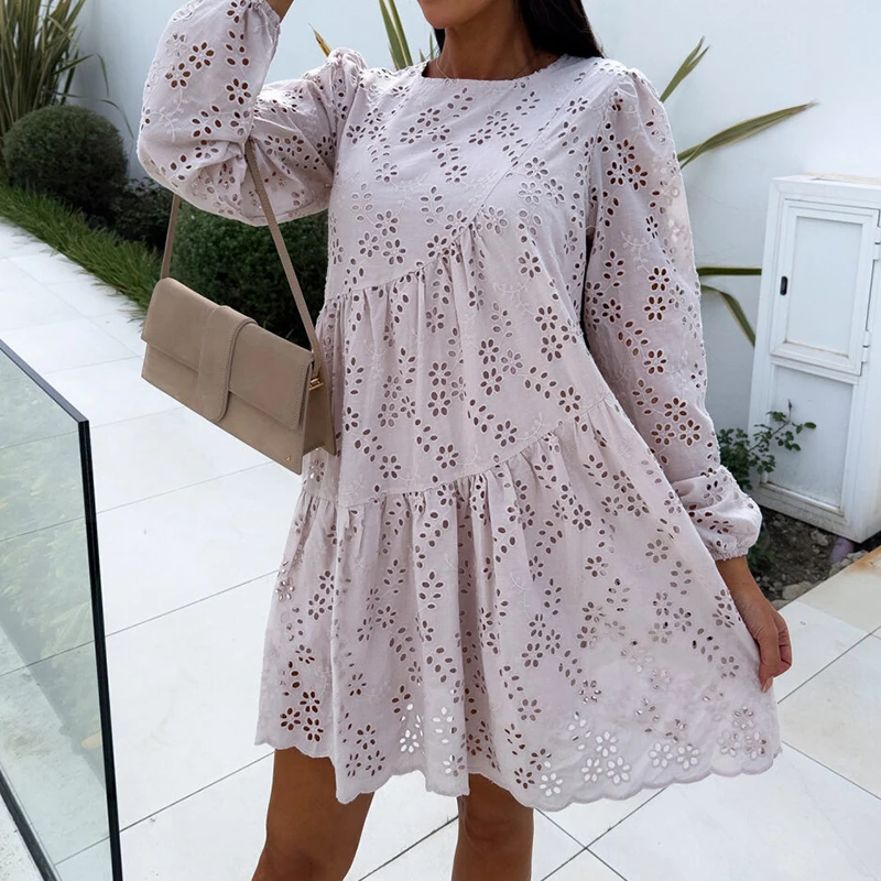 

Retro Fashion Jacquard Hollow Out Party Dress Elegant Spring Long Sleeve Ruffles Slim Dresses 2024 Women Solid O-neck Lace Dress