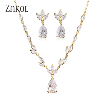 ZAKOL Elegant Necklace/Earring Jewelry Set for Women Gorgeous Pear Water Drop AAA Zircon Wedding Jewelry Gift 1