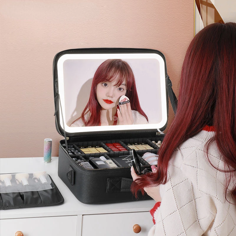 

2023 New LED Makeup Bag with Mirror Large Capacity Professional Waterproof PU Leather Travel Cosmetic Case for Women