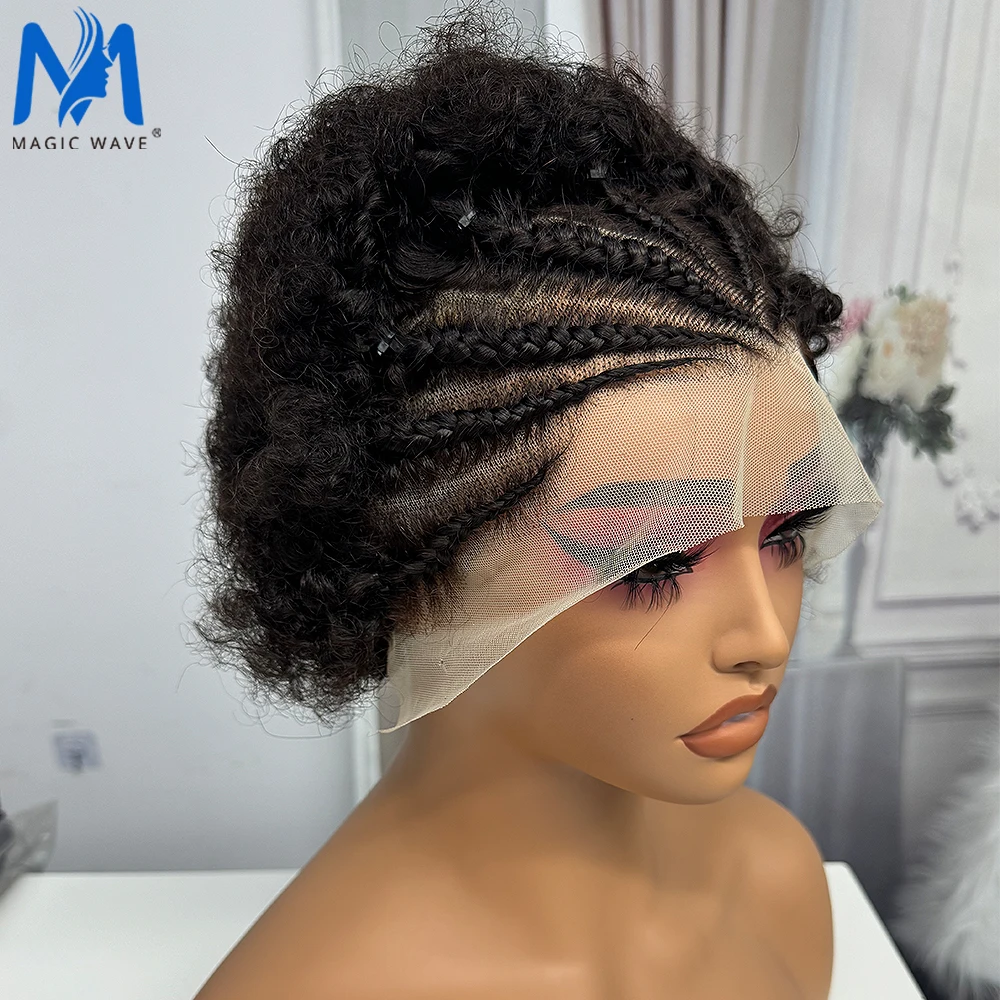 New Arrival Afro Human Hair Wigs with Braids for Black Women 13x4 Lace Frontal 100% Brazilian Remy Hair 6 Inch Bouncy Curly Wig