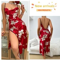 Fashion Sexy Print Nightgown Women Luxury Backless Slit Camisole Skirt Home Wear Summer Thin Breathable Imitation Silk Pajamas