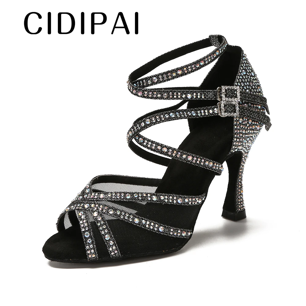 CIDIPAI Latin Dance Shoes Woman Silk Satin Dance Sandals   Ballroom Dance Shoes Soft Bottom Rhinestones Wedding Shoes Women