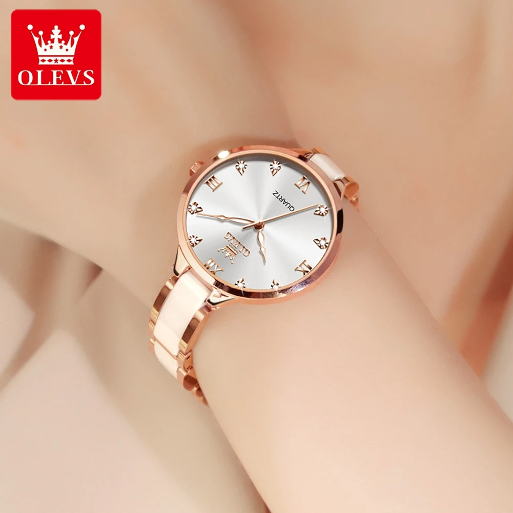 OLEVS Quartz Watch for Women Waterproof Ceramic Strap Diamond Inlay Fashion Elegant Ladies Wristwatches Gift Box Set Reloj Mujer