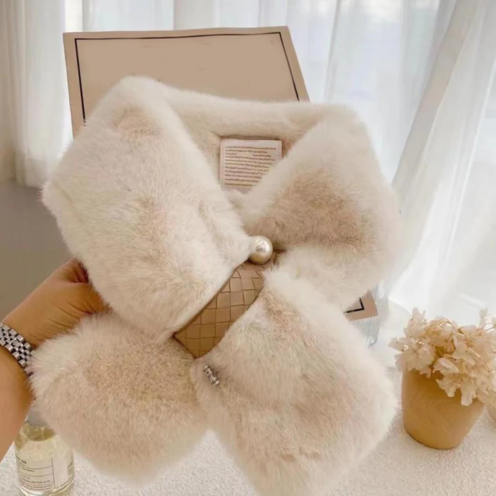 

Soft Furry Fluffy Snood Scarves Pearl Leather Plush Cross Scarf Solid Color Neck Collar Neckerchief All Match Elegant Cute Sweet