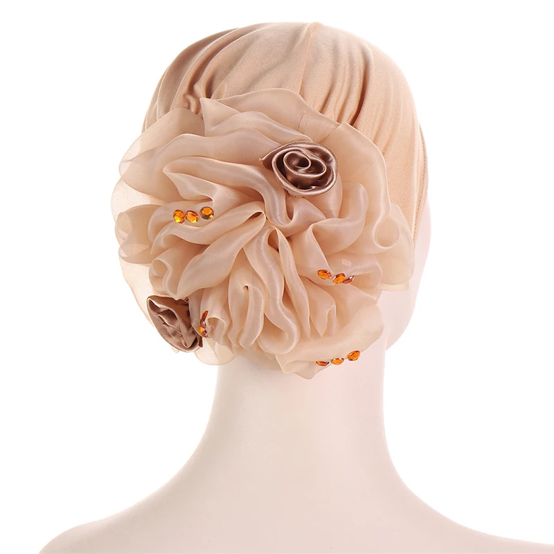 

Women Big Flowers India Hat Gorgeous Crystal Beads Beanie Turban Bonnet Muslim Women Hijab Cap Ladies Bandanas African Head Wrap