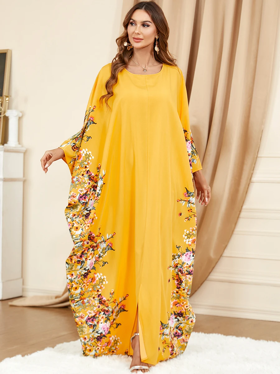 BNSQ 3422# Abaya For Womens Floral Print Bat Sleeve Slit Casual Loose Oversized Kaftan