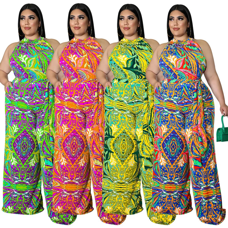 

Real Picture Multicolor Printing Women Jumpsuit Fashion Sleeveless Sash Wide Leg Casual Rompers Outfits 2022