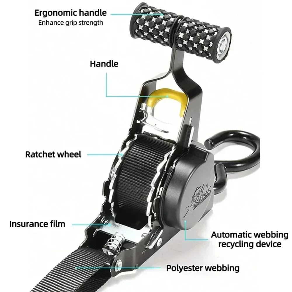 Heavy-Duty Retractable Cargo Straps with Ratchet Tensioner for Secure Load and Luggage Handling
