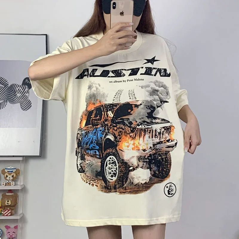 

2023SS Hellstar Correct 1:1 Label Retro Car Print High Quality Large 100% Cotton White Short Sleeve T-shirt