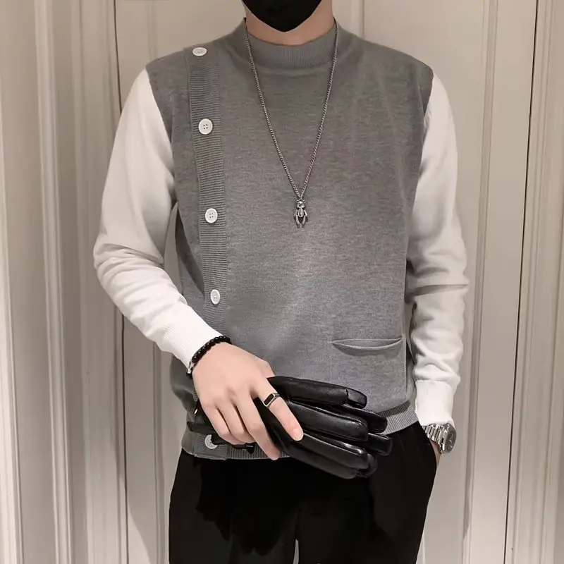 Fall Fake Two Pieces Contrasting Colors Pullover Sweater Streetwear Hip Hop Casual Outerwear Tops Men turtleneck Sweater