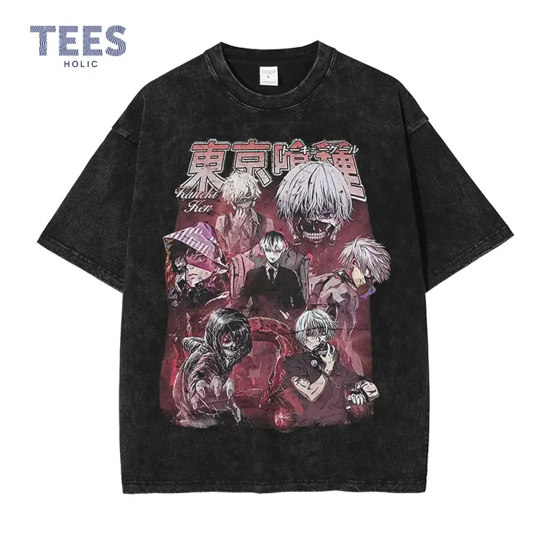 

Kaneki Ken T Shirts Vintage Washed Anime Tokyo Ghoul Tops Tees Oversized Streetwear Harajuku Short Sleeve y2k Manga T-shirts Men