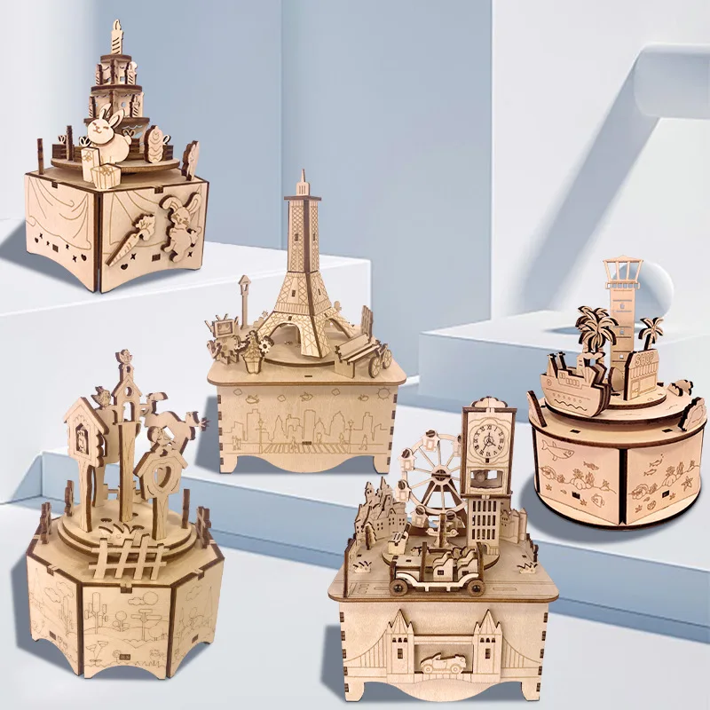 3D Wooden Puzzle Music Box Model Handmade DIY Assembly Toy Jigsaw Desktop Model Building Kits for Kids Adults Gifts 3d wooden puzzle music spinning ferris wheel model diy assembly toy jigsaw model building kits for teens adults