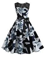 Floral Print Vintage Women Summer A Line Lace Party Dresses Robe Tunic Casual Office Ladies Dress - Image 2