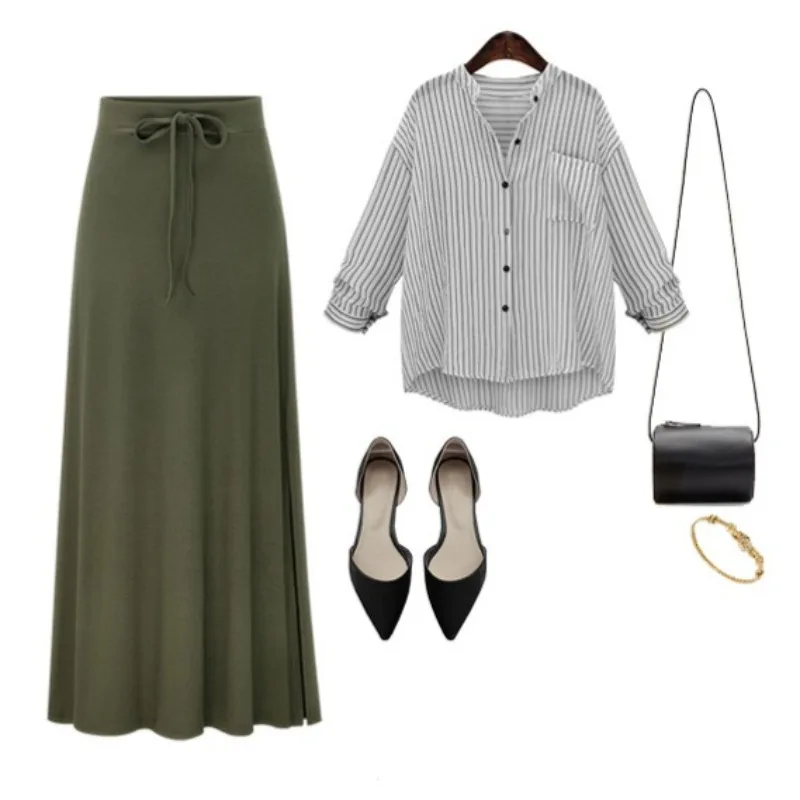 Women's Fashion Knit Long Skirts Spring Solid Color High Waist A-Line Midi Skirt Office Lady Elastic Loose Skirt 3