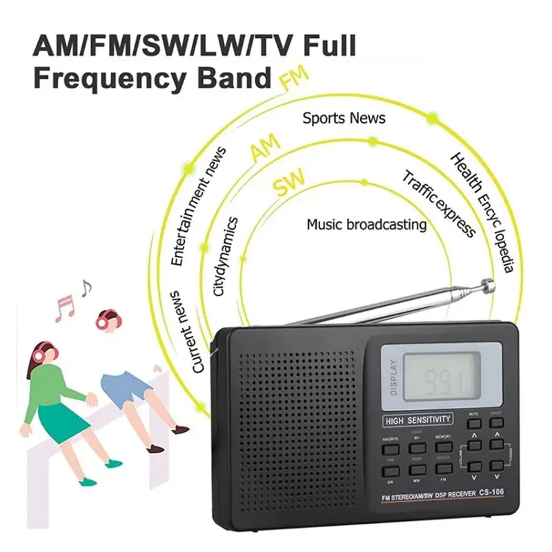 베스트셀러 미니 라디오 FM/AM/SW/LW/TV 사운드 풀 밴드 수신기 포켓 휴대용 알람 시계 스테레오 라디오 (3.5mm 이어폰 포함)
