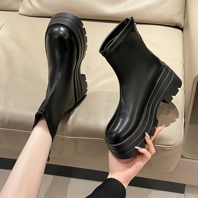 

Chunky Platfrom Ankle Boots Women Fashion Back Zipper Thick High Heels Short Boots Woman Pu Leather Non-Slip Motorcycle Botas