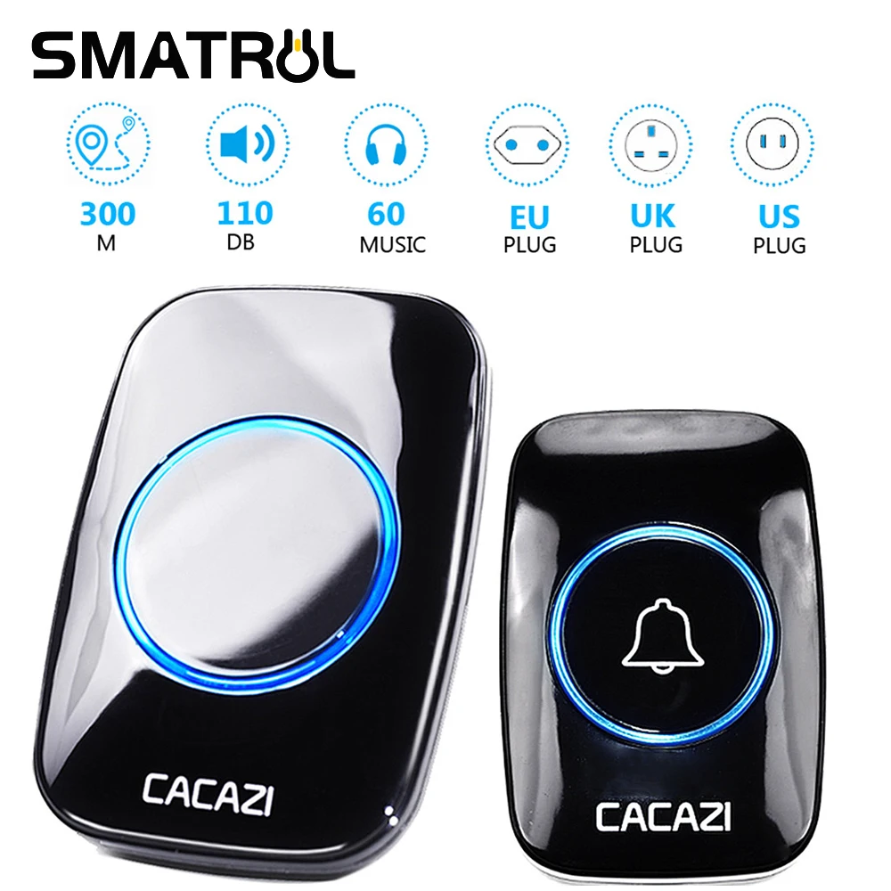 

CACAZI 60 Chime 110DB 300M Wireless Doorbell Waterproof Remote EU AU UK US Plug Smart Door Bell Battery 1 Button 1 2 3 Receiver