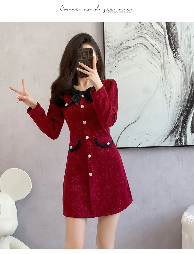 ミナペルホネン　赤と黒の大人可愛いラビットファーマフラー❤　celebrate Women Red Chenille Chic Bow Collar Mini Dress Autumn Winter