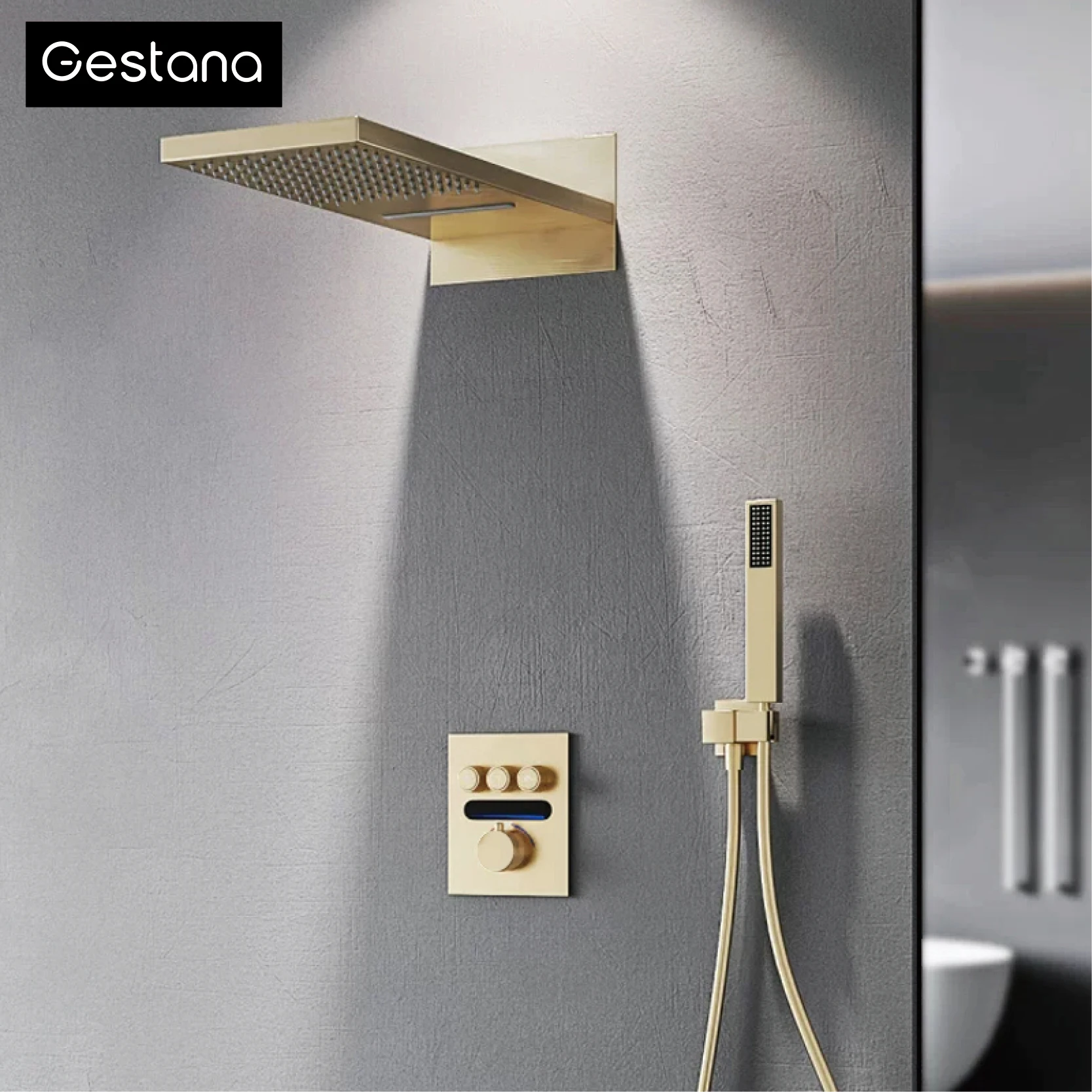 ทองเหลืองหรูหราแปรงทอง LED จอแสดงผลดิจิตอลระบบฝักบัวอาบน้ําอุณหภูมิคงที่พร้อมเพดานน้ําร้อนและเย็นฝังอาบน้ําผสม 1