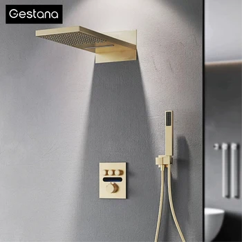 Sistema doccia a temperatura costante con display digitale a LED in ottone spazzolato di lusso con miscelatore da bagno incorporato a soffitto per acqua calda e fredda 1