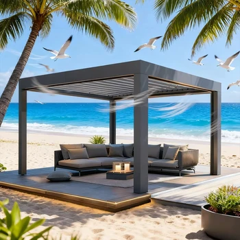Pergola Motorizzata in Alluminio, Pronta per Pannelli Solari, Impermeabile, Antivento e Resistente alla Neve, Gazebo da Esterno per Piscina