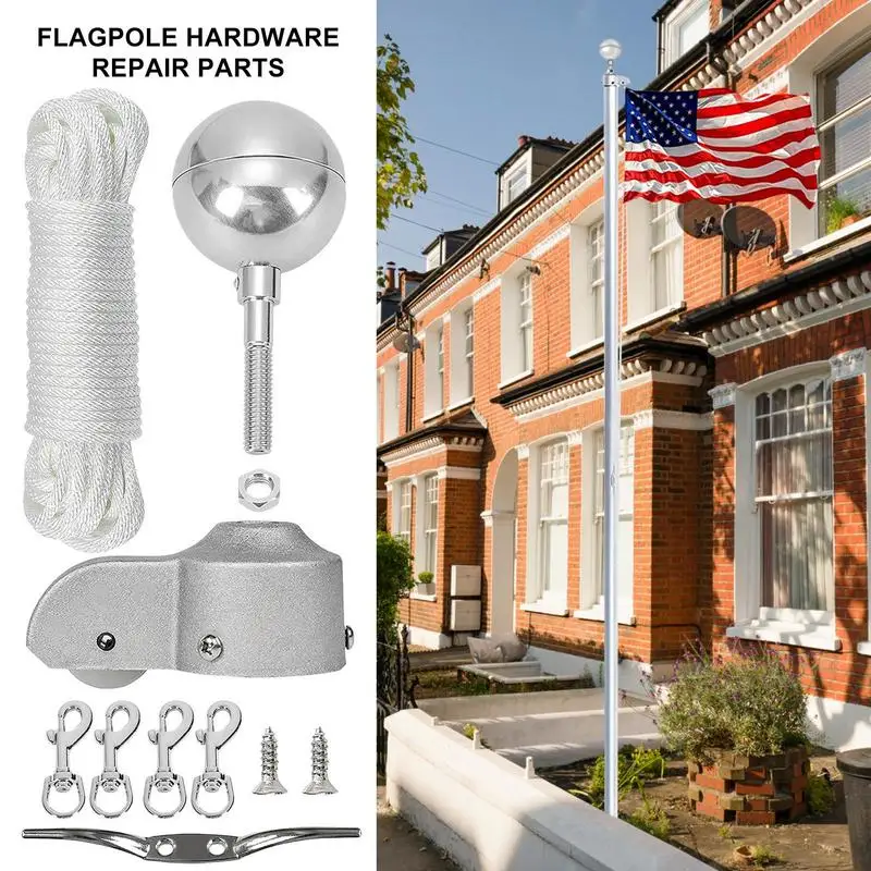 Flag Pole Rope Kit Flag Pole Hardware Outdoor D&eacute;cor Repair Kit For Features 4 Metal Swivel Snap Clips 3 Inch Silver Ball
