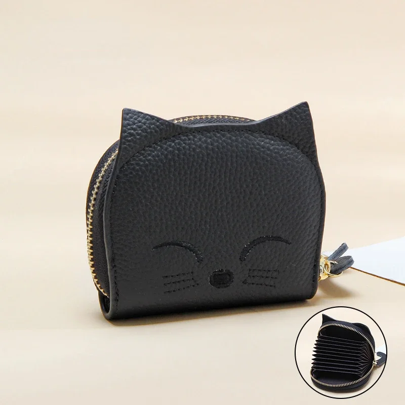 Genuine Leather Credit Card Holder for Women Zipper Cards Case Accordion Small Card Wallets Zip Around Name Card Case Organizer