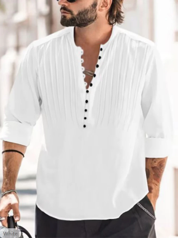

Vintage Pleated Cotton Linen Shirt Pullover Mens Casual Solid Loose Long Sleeve Buttoned Stand Collar Tops Spring Summer Clothes