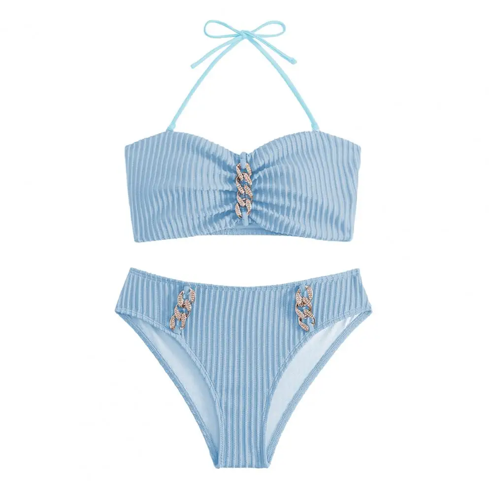 

Rhinestone Chain Decor Swimsuit Rhinestone Chain Decor Halter Bra High Waist Set Quick Drying Swimwear Beachwear for Women