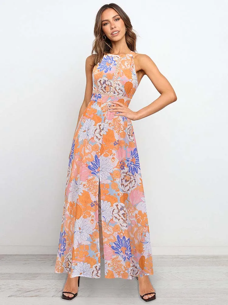 

Summer Boho Maxi Dress Women Elegant Party Long Floral Dress Ladies A Line Hellow Out Halter Slit Dress For Women