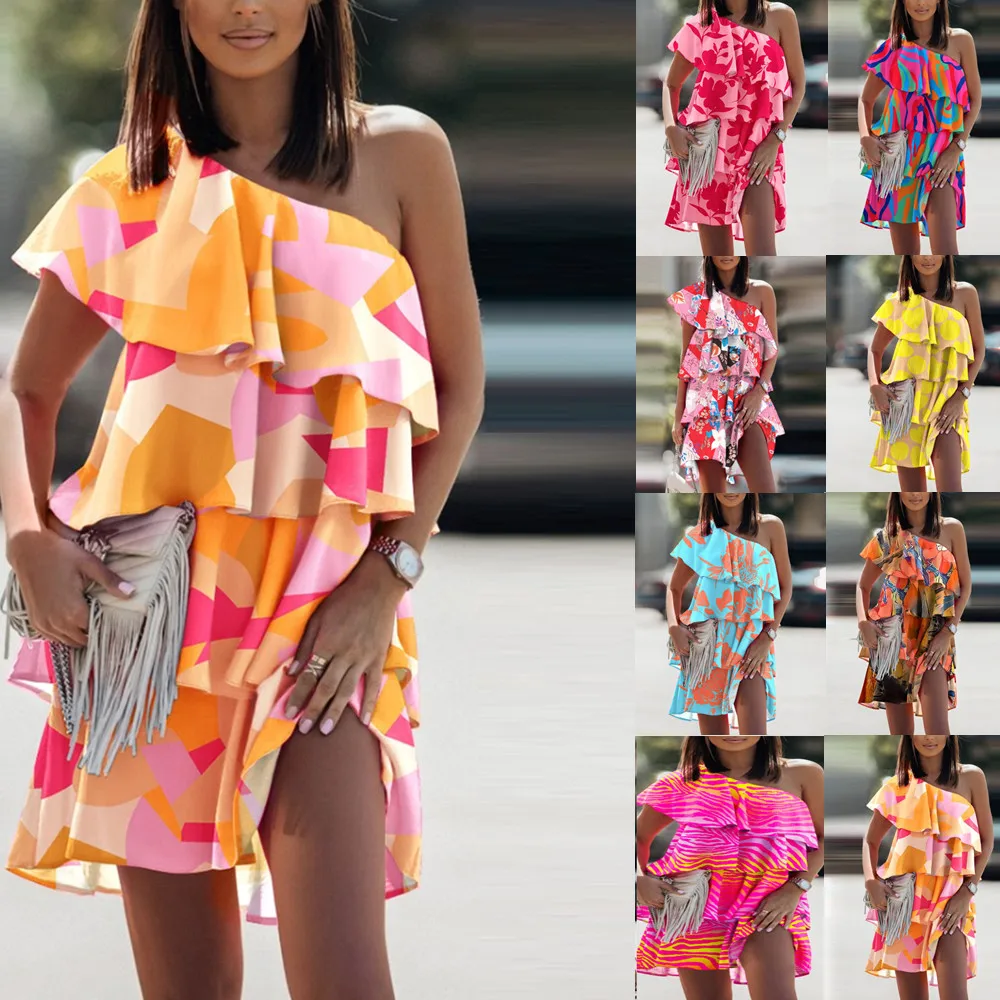 

Printed Ruffles Dresses 2023 Summer New Sexy V-neck Off Shoulder Short Sleeve Slim Wasit Women Cake Dress