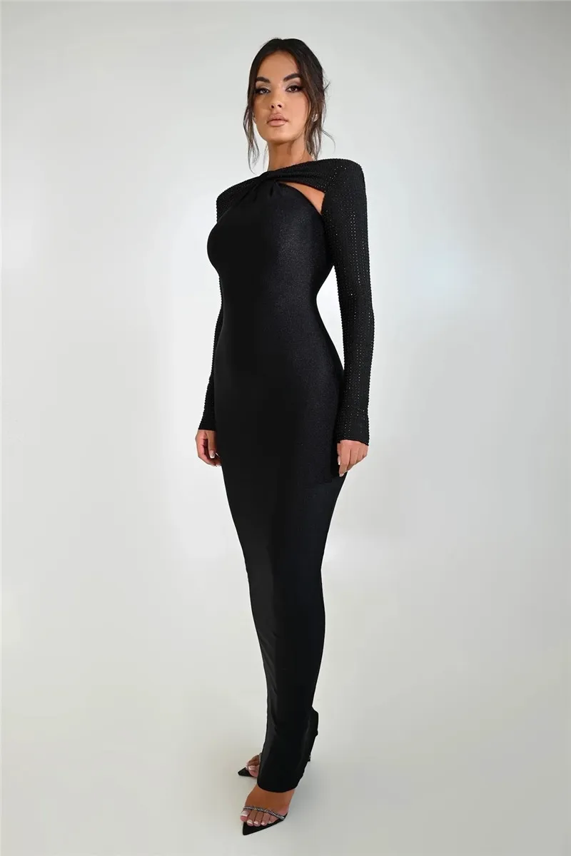 Hollow Out Sparkle Top Bodycon Long Sleeve Dress For Women