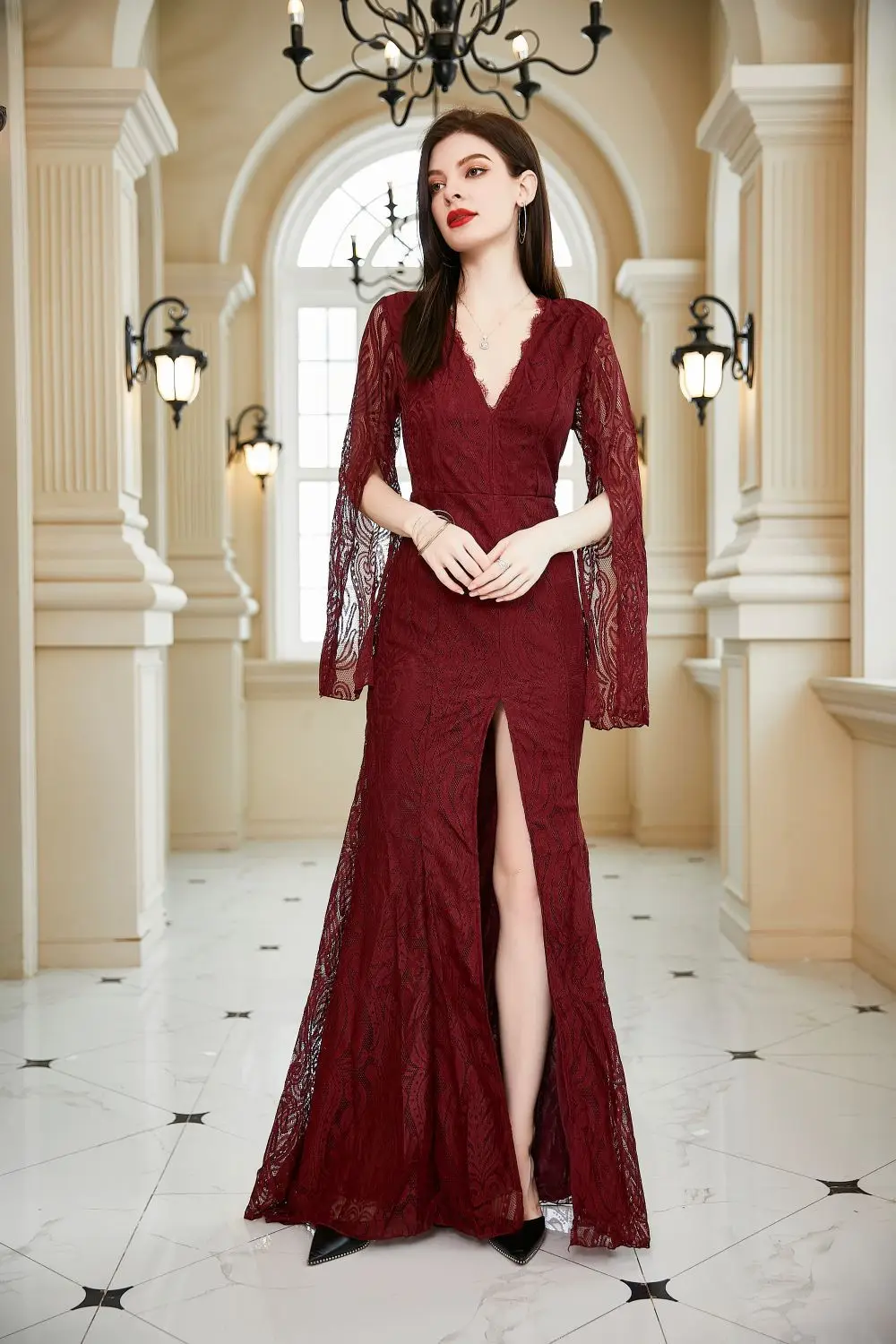 

Zoctuo New Elegant Burgundy Lace Bridesmaid Dress For Women Long Sleeve V-Neck Slim Bodycon Evening Gown Front Slit Long Dresses