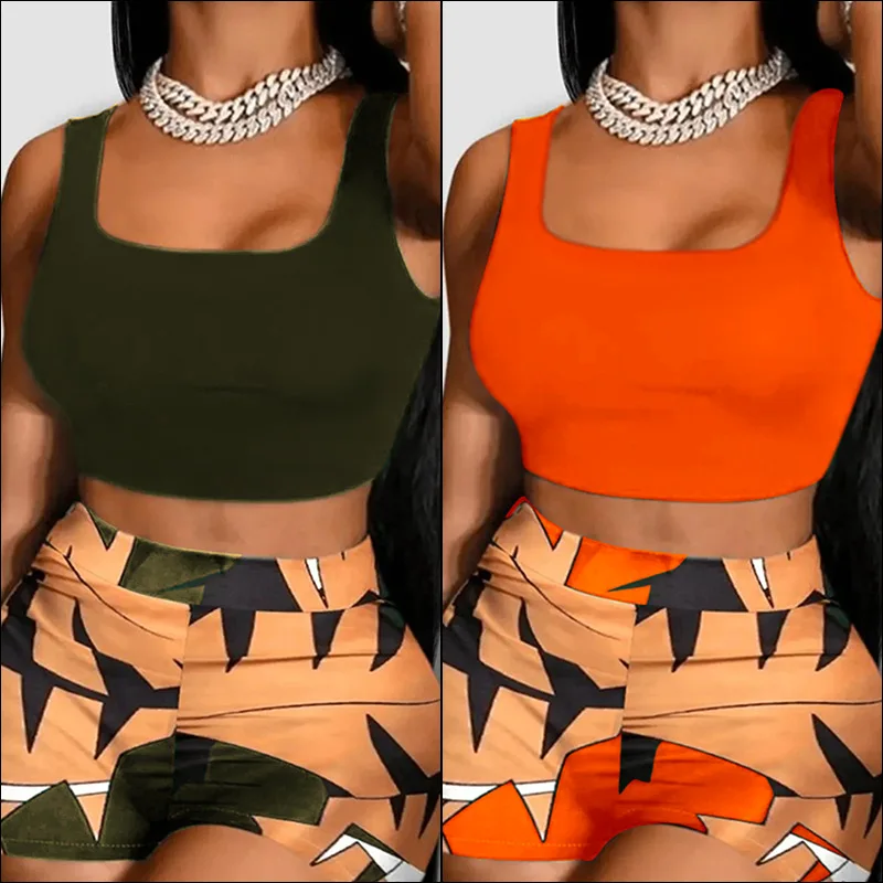 

Crop Tank Top 2 Piece Short Print Pant Set Outfits Tracksuit 2023 Women Summer Casual Y2K Streetwear Two Piece Biker Short Set