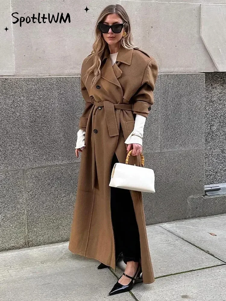 

Elegant Coffee Thick Woolen Blends Overcoat Women Winter Causal Loose Double Breasted Belt Long Coat Oversized Lady Warm Jacket