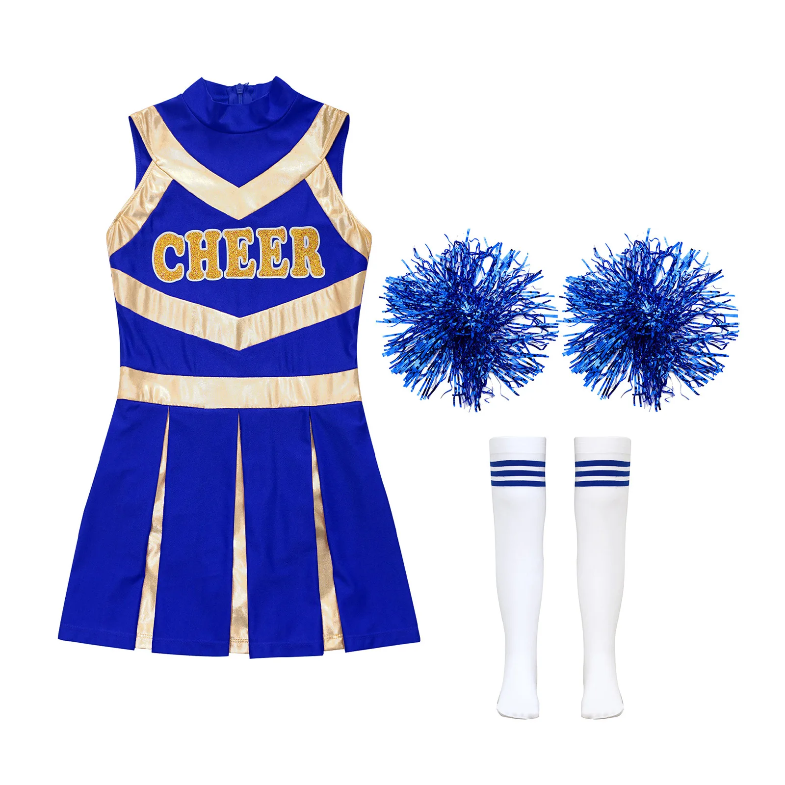 Kinder Mädchen Cheerleader Kostüm Cheerleading Uniform Brief Drucken Plissee Cheer Trikot Kleid mit 2 Stück Blumenkugeln 1 Paar Socken – Detail 3