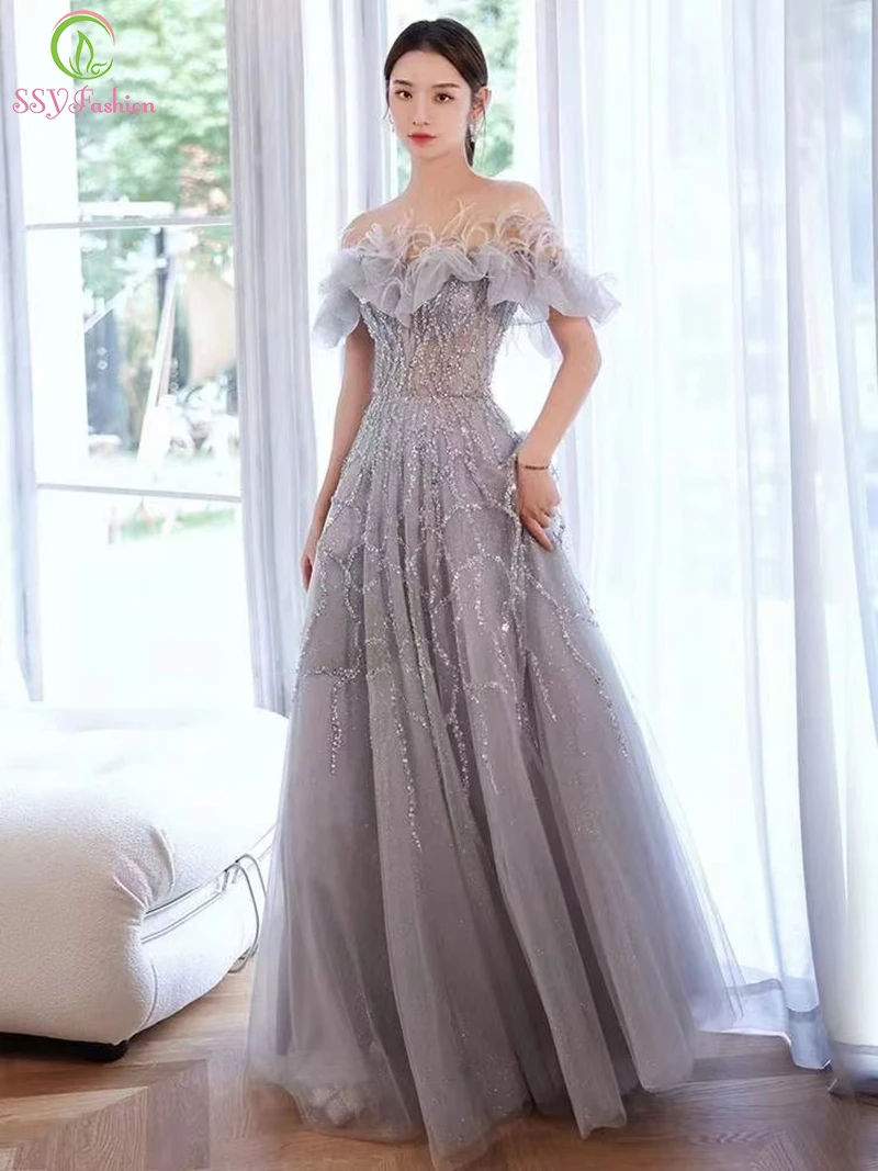 long sleeve formal dresses & gowns SSYFashion Luxury Champagne Evening Dress Boat Neck Sequins Beading A-line Floor-length Formal Party Gowns for Women Custom Size maternity evening dresses